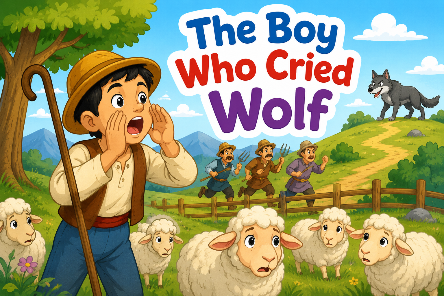 Boy crying wolf while villagers ignore