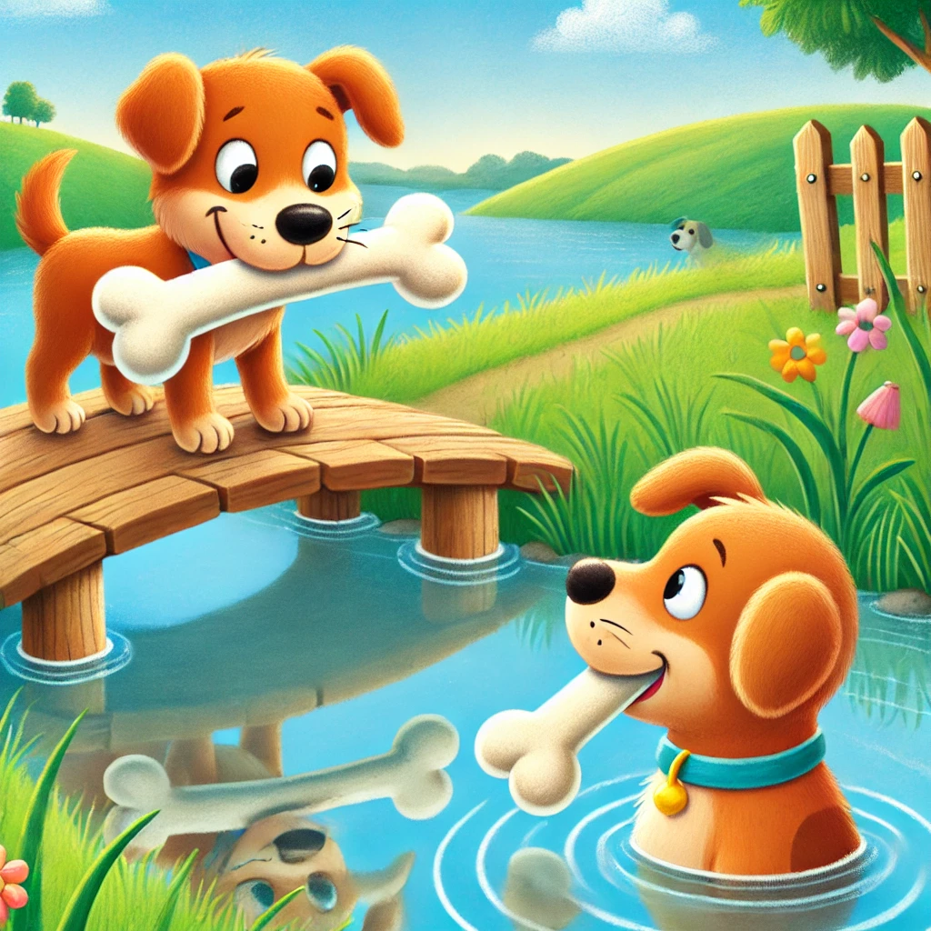 Dog with a bone looking at reflection