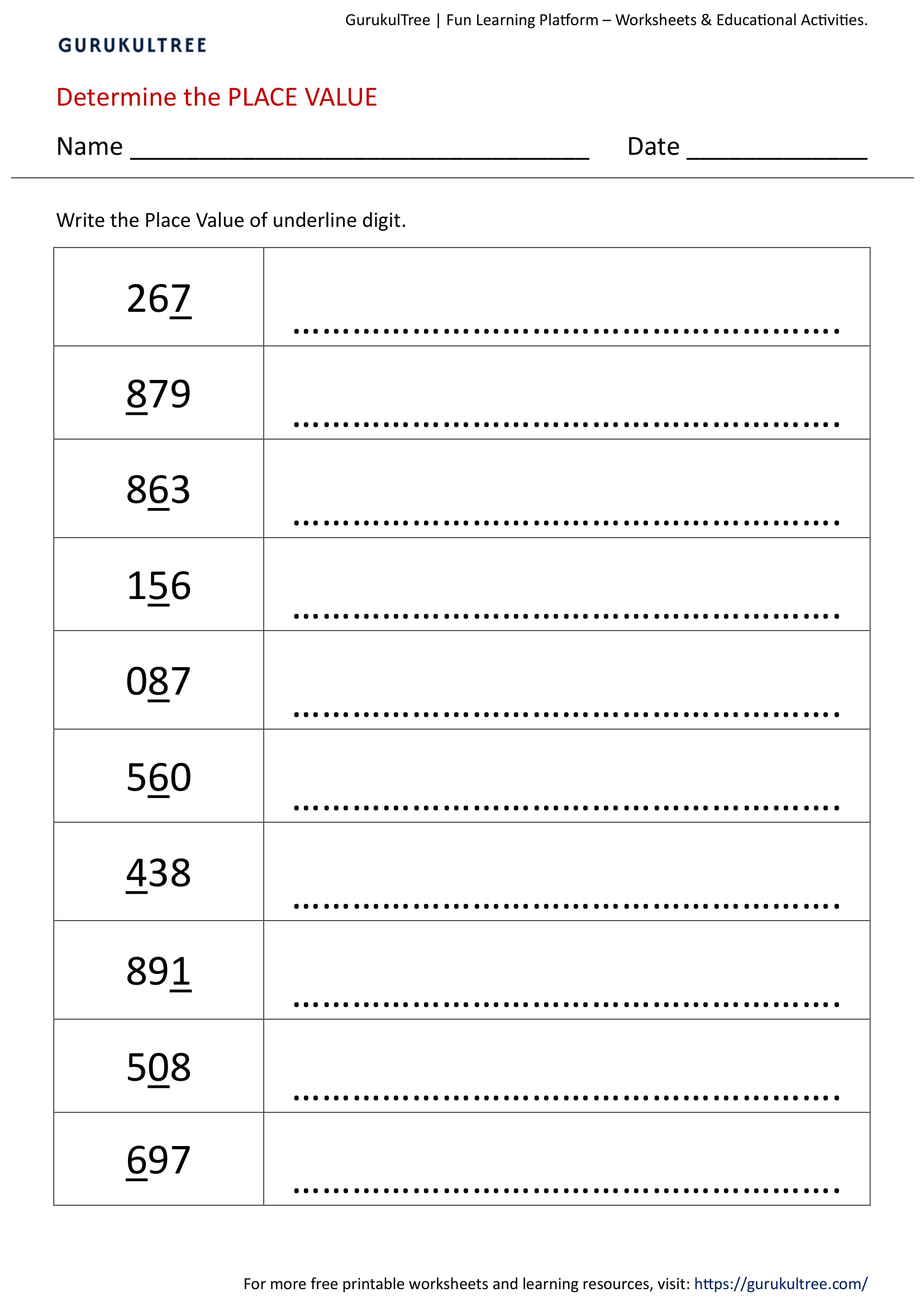 Determine the Place Value (Three Digits)
